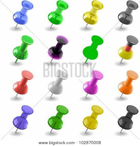The pins of various colors on a white background