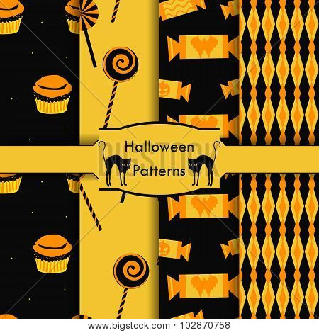 Halloween patternset of seamless patterns halloween sweets chocolates cakes vector collection of backgrounds
