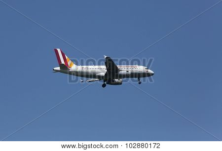 ZAGREB, CROATIA - JUNE 10: Airbus A319, registration D-AGWF of Germanwings landing on Zagreb Airport Pleso on June 10, 2015.