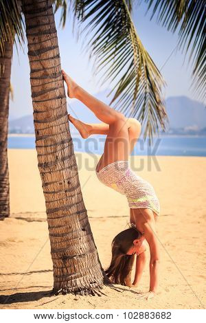 Blonde Girl In Lace Closeup Stands Head Over Heels At Palm