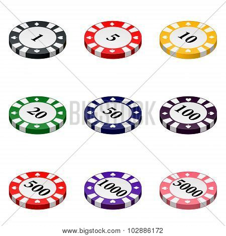Set Of Colorful Casino Chips Isolated On A White Background.