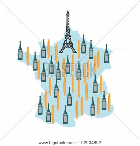 Map Of France With Eiffel Tower In Paris. National French Food: Baguette And French Wine. Landmarks