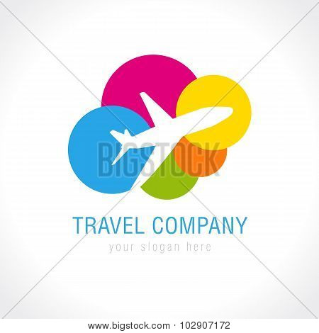 Travel company logo. World travel airplane abstract vector icon. Low cost airlines, tickets selling, tourist business. Flying plane, colored clouds.