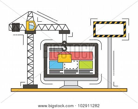 Thin line vector flat design of website under construction, web page building process.