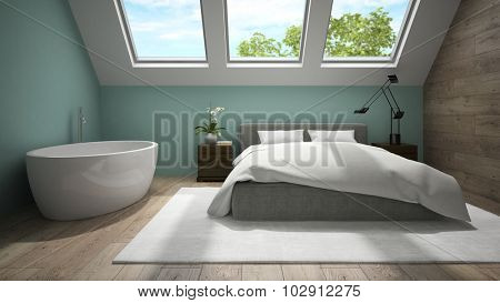 Interior of mansard bedroom with blue wall 3D rendering 