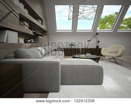 Interior of stylish mansard room 3D rendering 3 