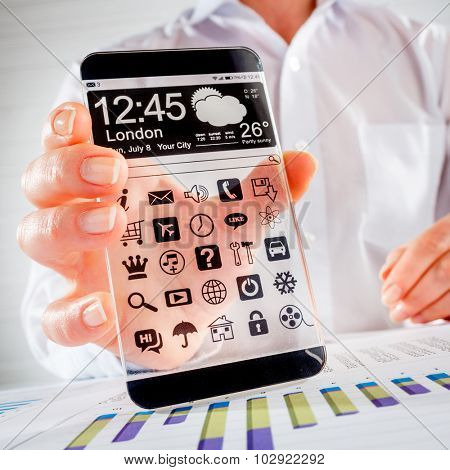 Futuristic Smart phone (phablet) with a transparent display in human hands. Concept actual future innovative ideas and best technologies humanity.