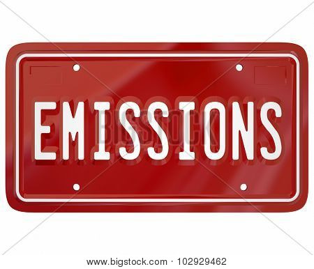Emissions word on a red car or vehicle license plate to illustrate meeting or passing government rules, laws and regul ations on automotive pollutants from gas or diesel fuel