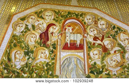 KRAKOW, POLAND - MAY 31, 2015: Cracow Lagiewniki - The centre of Pope John Paul II. Mosaics on the church wall with biblical scenes