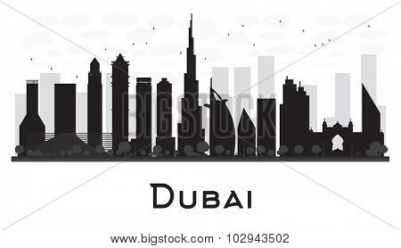 Dubai City skyline black and white silhouette. Vector illustration.