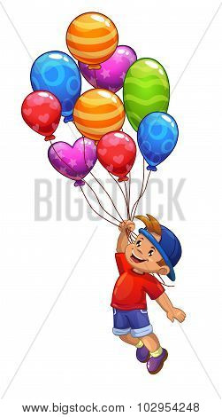 Little boy is flying on balloons