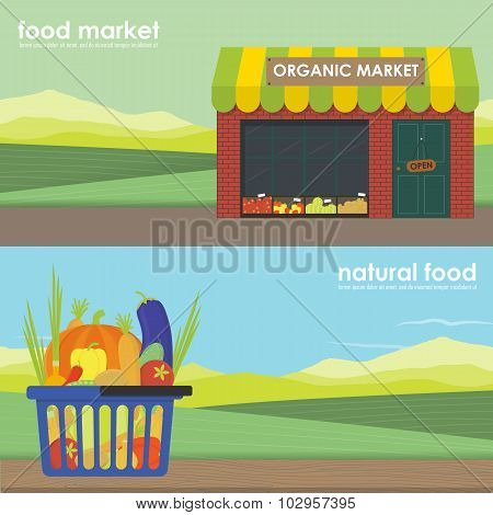 Shopping Basket Full Of Healthy Organic Banner Set