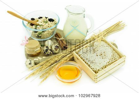 Healthy Breakfast - Muesli, Milk, Honey And Eggs - Health Concept