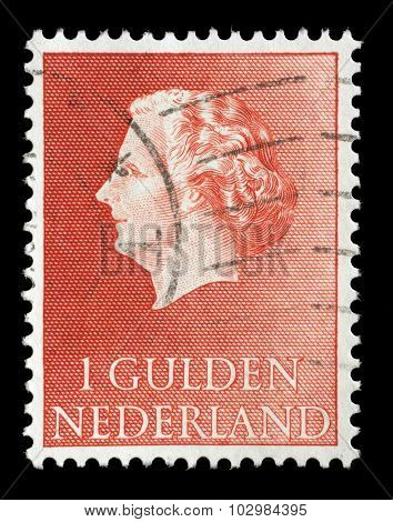 NETHERLANDS - CIRCA 1969: A stamp printed in Netherlands shows portrait of Queen Juliana. Was Queen of Netherlands in the period September 4, 1948 to April 30, 1980.