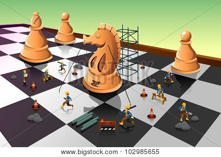 Workers Building A Knight Chess On The Chessboard