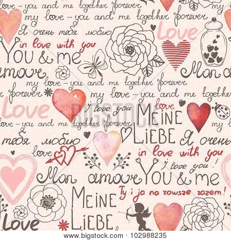 Seamless doodles background with declaration of love, flowers, cupid and hearts, vector illustration.