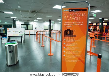 ROME, ITALY - AUGUST 16, 2015: easyJet check-in area. EasyJet is a British low-cost airline carrier based at London Luton Airport. It is the largest airline of the United Kingdom