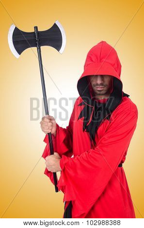 Executioner in red costume with axe on white