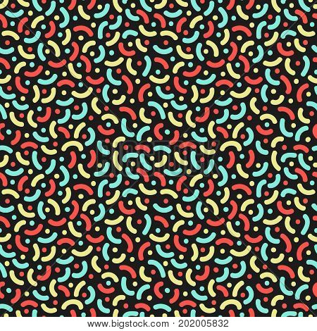 Curves and dots. Seamless pattern in memphis style. 80s 90s style. Vector colorful illustration.