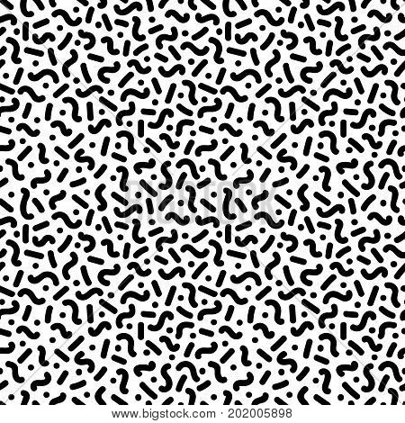 Curves and dots. Black and white memphis pattern. 80s - 90s style. Retro fashion. Mosaic texture. Vector Illustration.