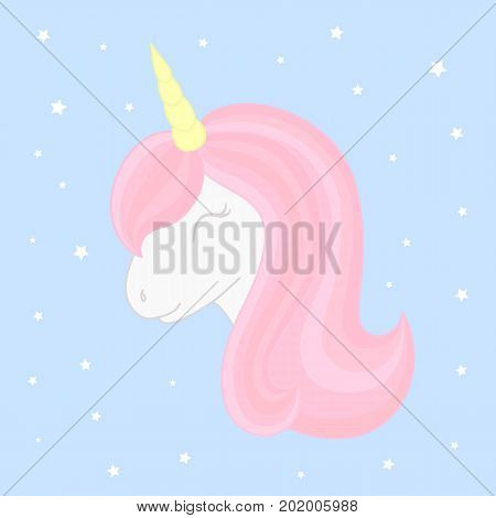 Cute sleeping unicorn on starry background. Vector unicorn head with beautiful pink mane and horn.
