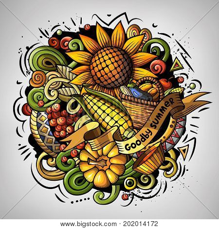 Cartoon vector doodles Autumn illustration. Colorful detailed, with lots of objects background. All items are separate. Bright colors fall funny picture