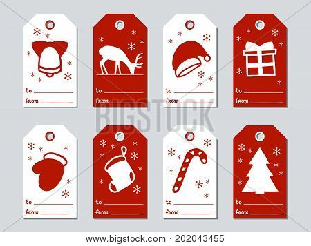 Christmas and New Year gift tags. Cards xmas set. Hand drawn elements. Collection of holiday paper label in red and white. Seasonal badge sale design. Texture. Print. Vector illustration. Lettering