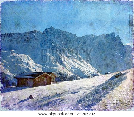 ilustração de duas casas simples em uma montanha dos Alpes centrais em um inverno frio 