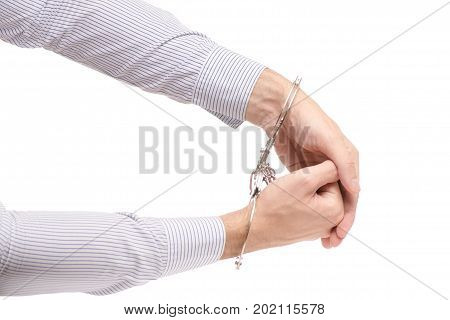 Male hand cuffs isolated on white background isolation
