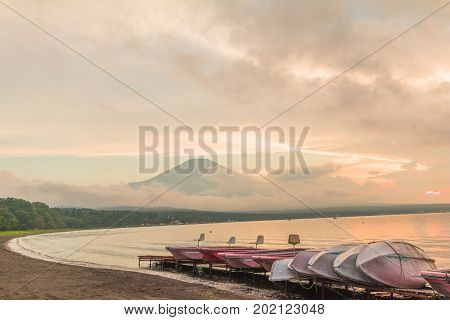 Mt. Fuji and Kawaguchiko Lake at sunset the most famous place in Japan to traveling in Yamanashi Prefecture Japan