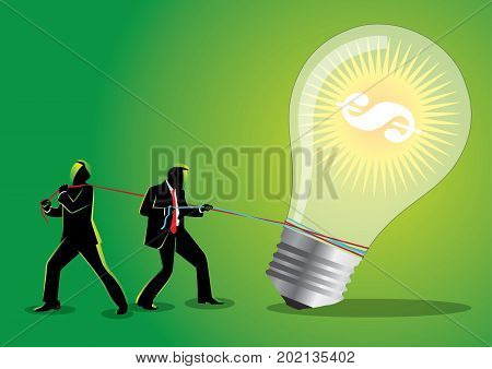 An Illustration of two businessman pulling a big Light Bulb