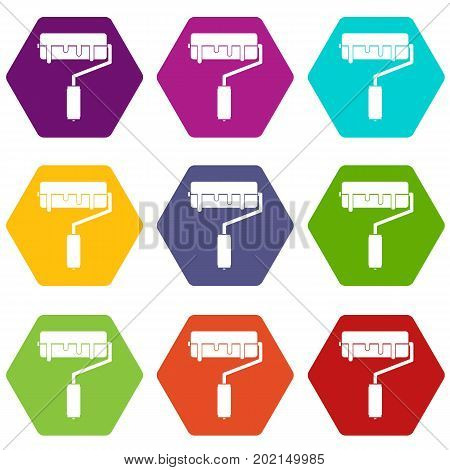 Paint roller with paint icon set many color hexahedron isolated on white vector illustration