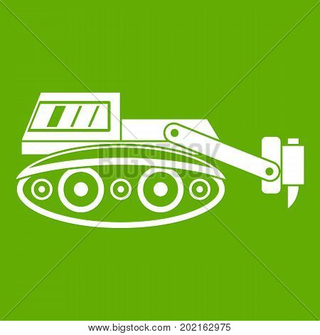 Excavator with hydraulic hammer icon white isolated on green background. Vector illustration
