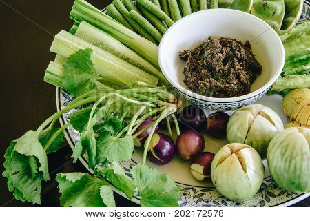 Chili paste (Namprik mangda) with vegatable as side dish.