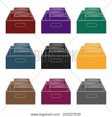 Books in box icon in black design isolated on white background. Library and bookstore symbol stock vector illustration.