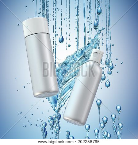Cream bottle mock up in water splash on blue background. 3D illustration