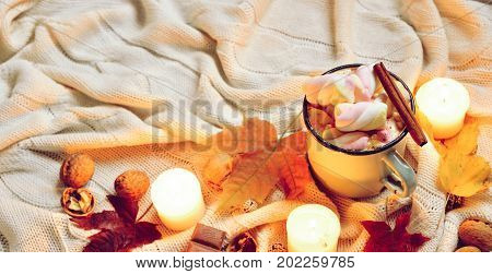 Toned Autumn Banner Made Of Dried Fall Leaves, Mug Of Cocoa With Marshmellows, Nuts, Cinnamon, Candl