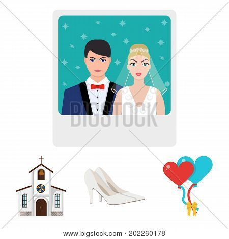 Elegant wedding shoes with heels, balloons for the ceremony, a church with a stained-glass window and a bell, a picture of the bride and groom. Wedding set collection icons in cartoon style vector symbol stock illustration web.