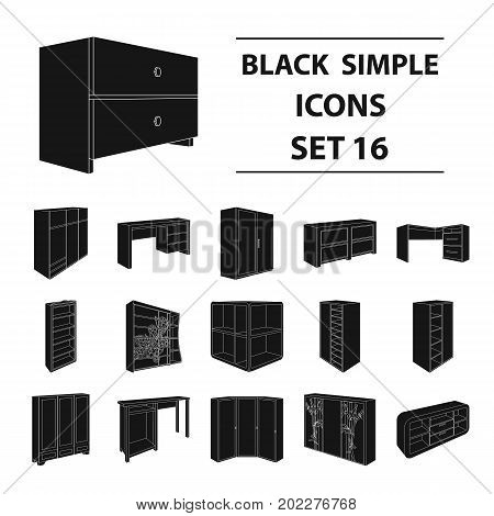 Wardrobe, mirror, wood and other icons of interior. Interior set collection icons in black style vector symbol stock illustration.