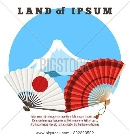 Japan banner design with vulkano and colorful fans, vector illustration