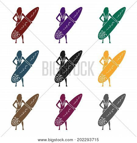 Girl is holding a surfboard icon in black design isolated on white background. Surfing symbol stock vector illustration.