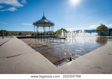 Beautifully architectural music tent with traditional forged ironwork and graceful details. Cultural center of the park in the city