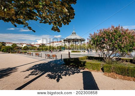 Beautifully architectural music tent with traditional forged ironwork and graceful details. Cultural center of the park in the city