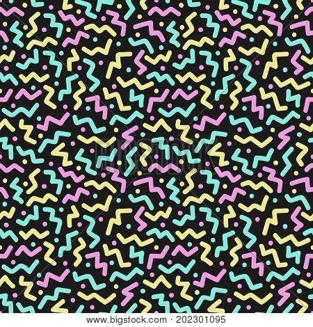 Zigzag and dots. Seamless pattern in memphis style. 80s 90s style. Vector colorful illustration.