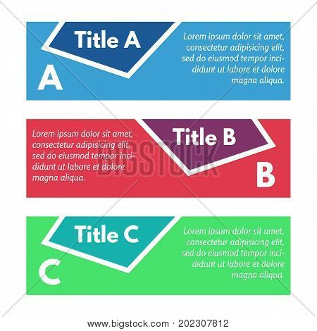 Set of three horizontal colorful options banners. Step by step infographic design template. Vector illustration