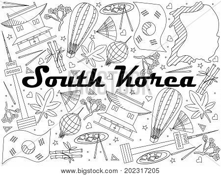 South Korea coloring book line art design raster illustration. Separate objects. Hand drawn doodle design elements.