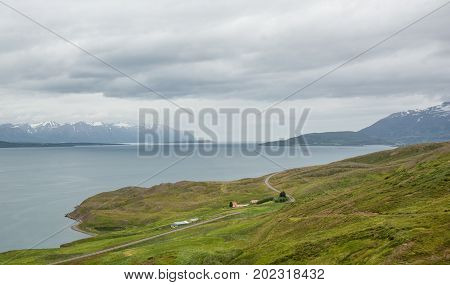 beautiful mountain range and landscape near Dalvik in Iceland.