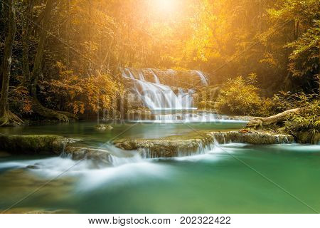 Huay Mae Kamin Waterfall  beautiful with colorful trees of autumn natural  in rainforest at Kanchanaburi province, Thailand