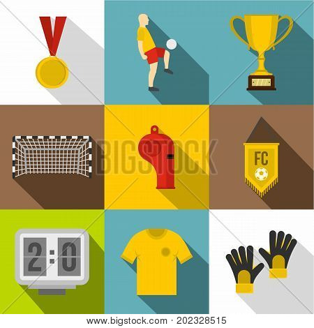Soccer equipment icon set. Flat style set of 9 soccer equipment vector icons for web design