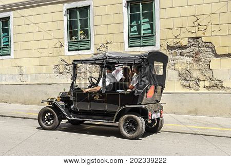 ZAGREB, CROATIA JULY 17, 2017: Excursion car in the old town. Zagreb, Croatia.